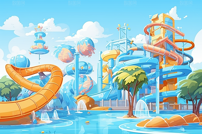水上乐园夏天游乐设施插画
