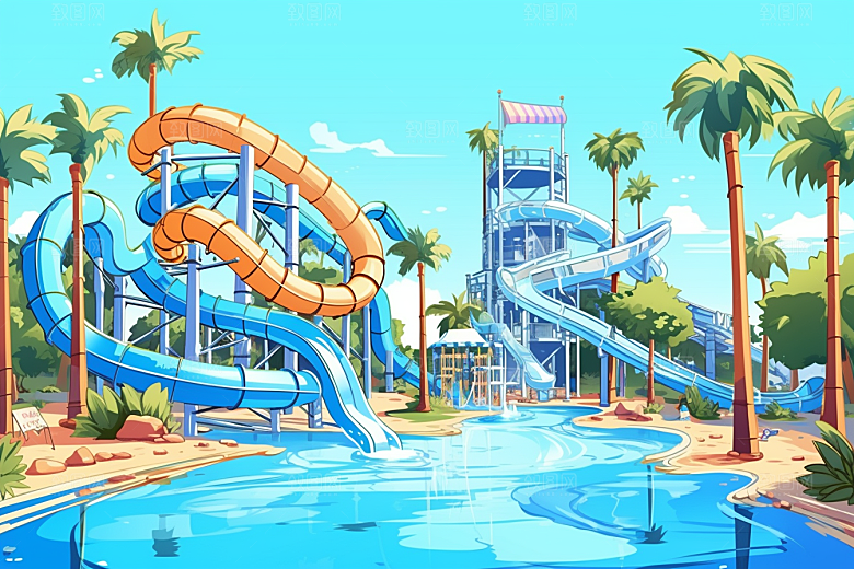 水上乐园夏天玩水插画