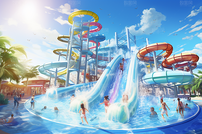 水上乐园玩水夏日插画