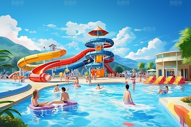 水上乐园水上滑梯游乐设施插画