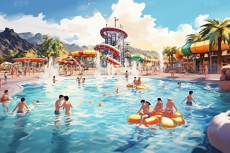 水上乐园戏水夏天插画