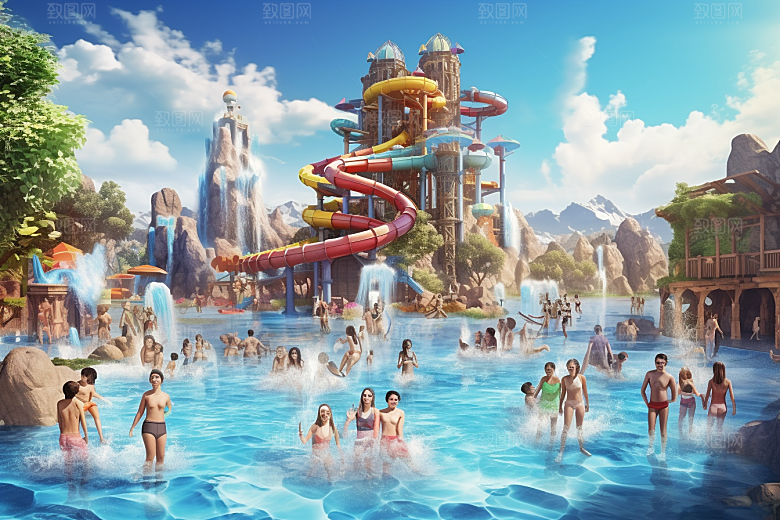 水上乐园玩水水上滑梯插画