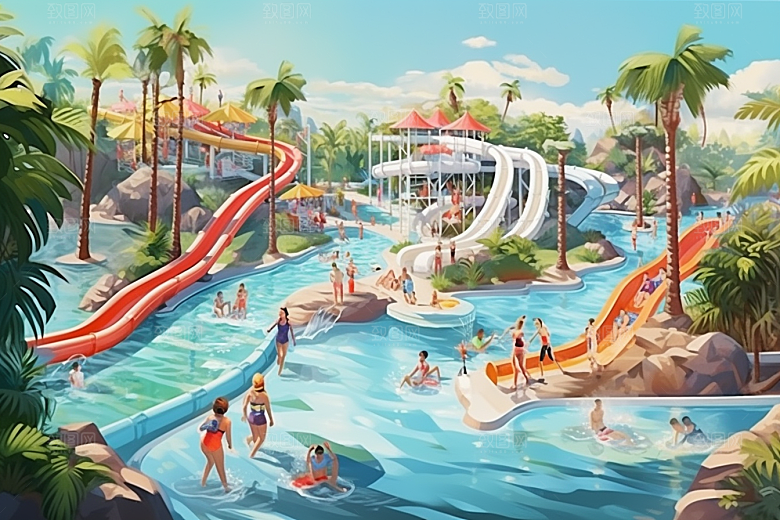 水上乐园戏水夏日插画