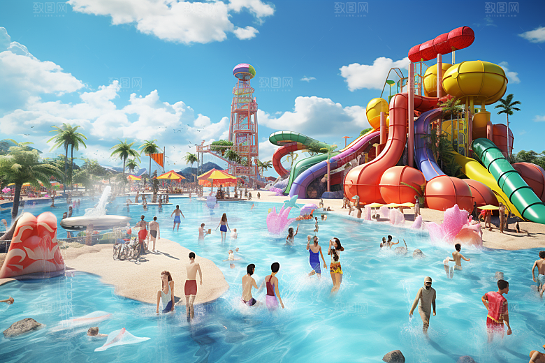 水上乐园戏水夏日插画