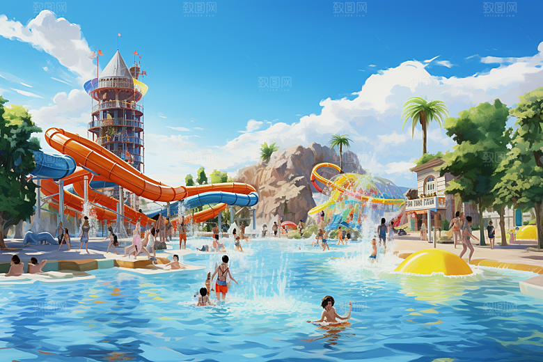 水上乐园戏水夏天插画