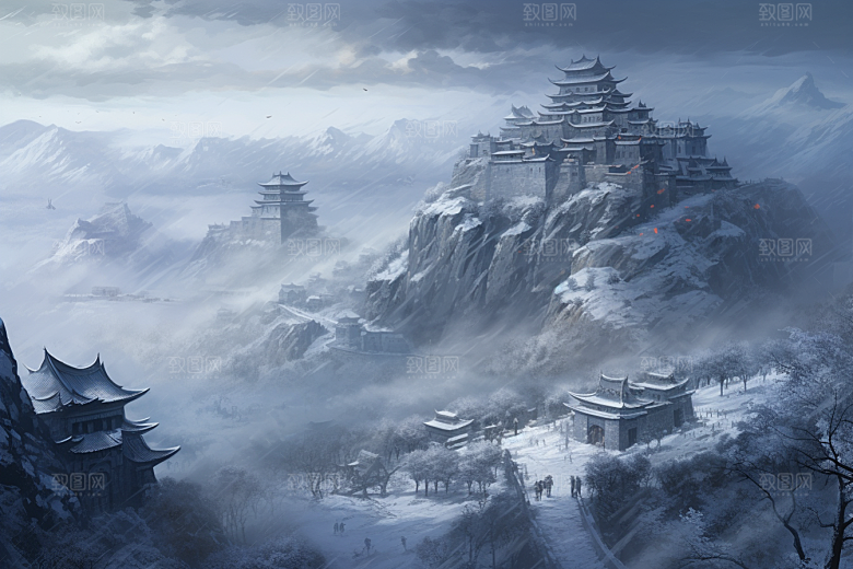 素描长城中国风八达岭艺术插画