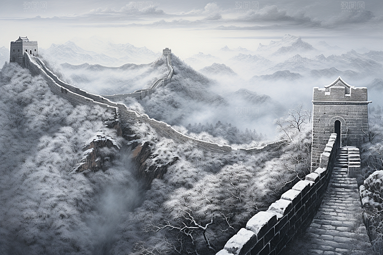 素描长城八达岭钢笔画艺术插画