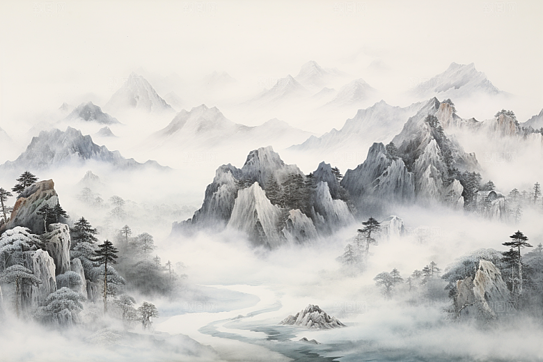 素描长城景点中式艺术插画