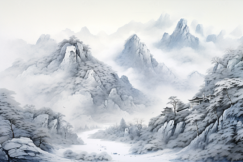 素描长城风景传统艺术插画