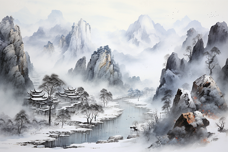 素描长城风光风景艺术插画
