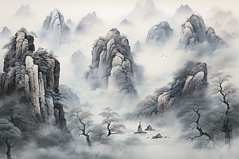 素描长城风光中式艺术插画