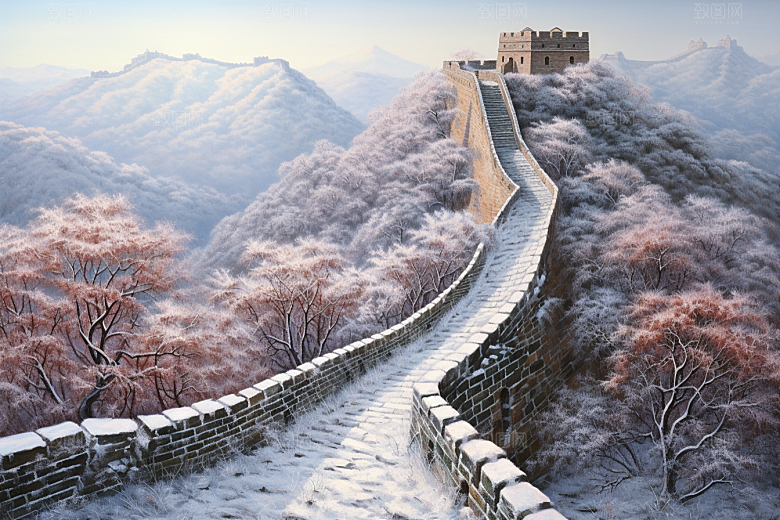 素描长城风景线条艺术插画