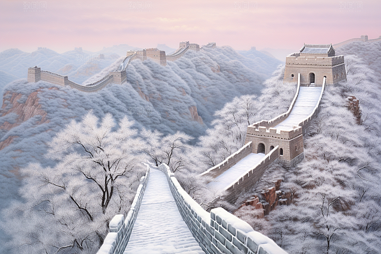 素描长城景点高清艺术插画