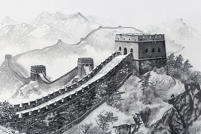 素描长城钢笔画线条艺术插画
