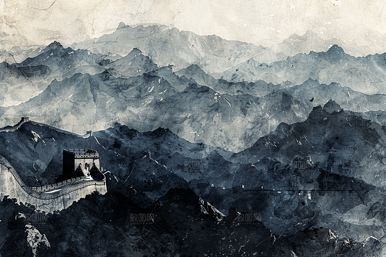 素描长城线条景点艺术插画