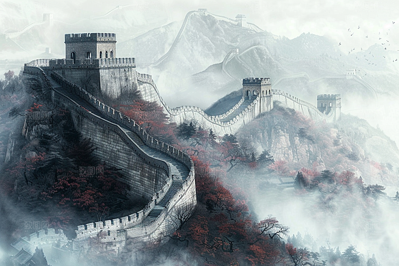 素描长城线条传统艺术插画