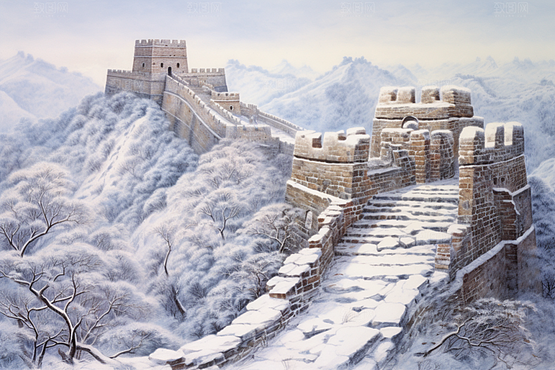 素描长城风景壮阔艺术插画