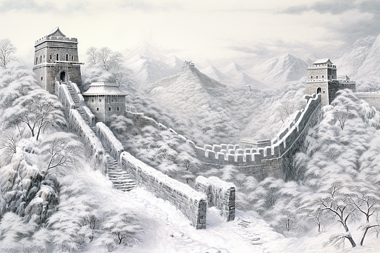 素描长城风光景点艺术插画