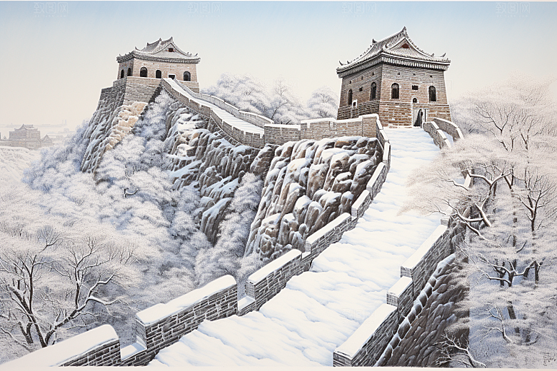 素描长城中式风光艺术插画