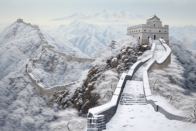 素描长城风景风光艺术插画
