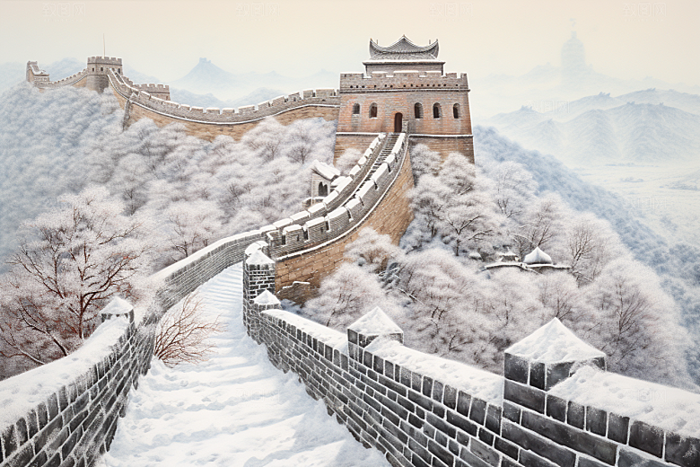 素描长城风景八达岭艺术插画