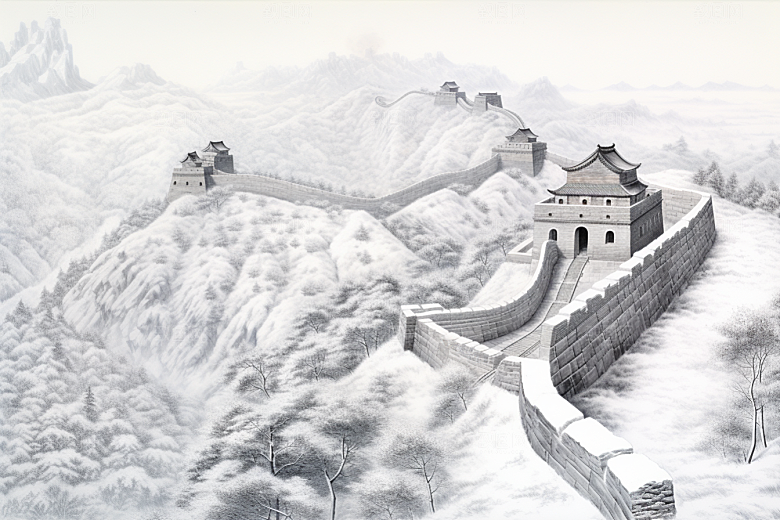 素描长城八达岭壮阔艺术插画