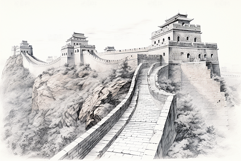 素描长城风光八达岭艺术插画