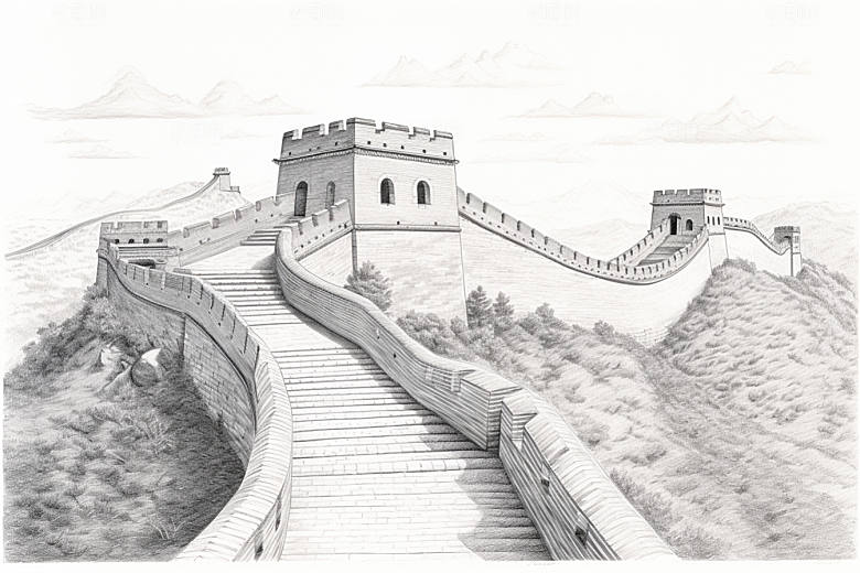 素描长城景点黑白艺术插画