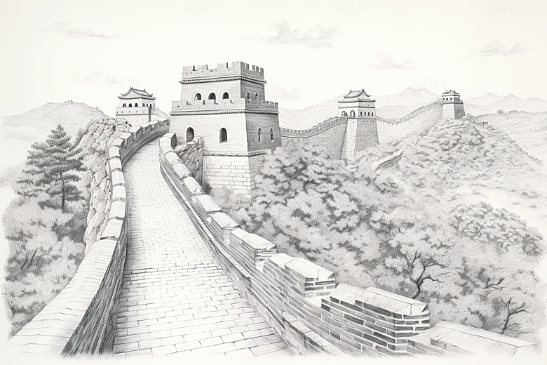 素描长城八达岭风景艺术插画