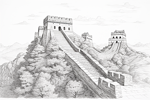 素描长城中国风风光艺术插画