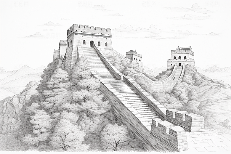 素描长城中国风风光艺术插画