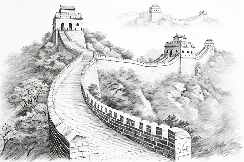 素描长城线条八达岭艺术插画