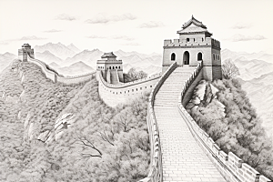 素描长城传统钢笔画艺术插画