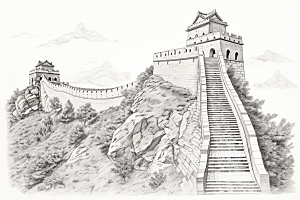 素描长城中式景点艺术插画