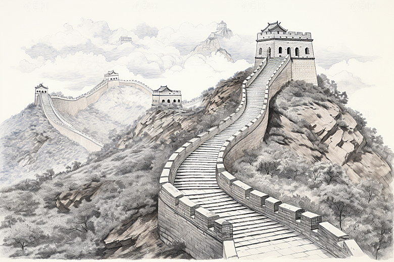 素描长城风光八达岭艺术插画