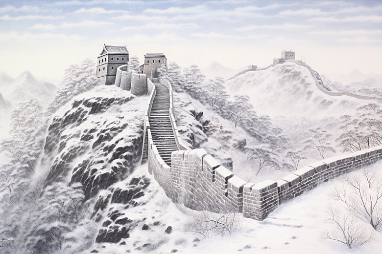 素描长城中式八达岭艺术插画
