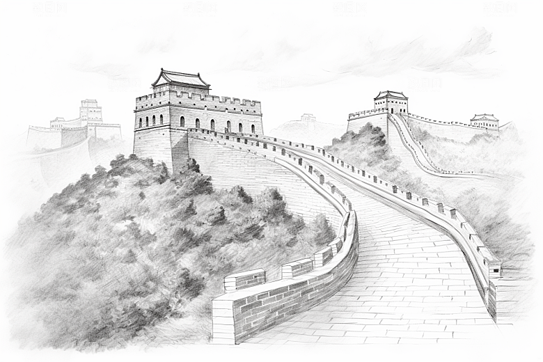 素描长城线条风光艺术插画