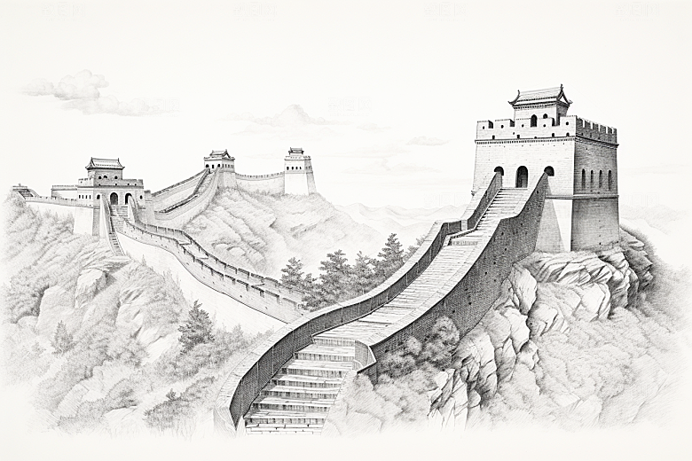 素描长城风光钢笔画艺术插画