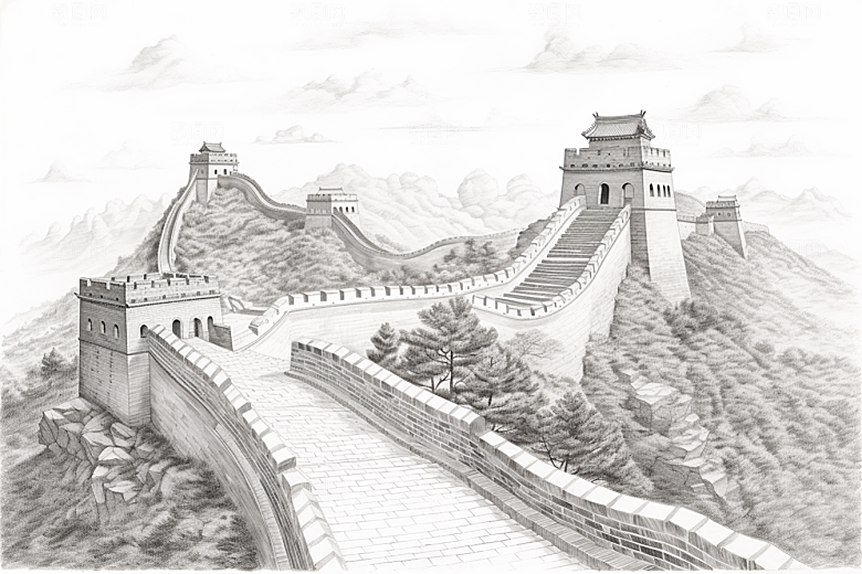 素描长城壮阔高清艺术插画