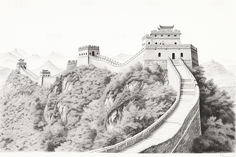 素描长城黑白传统艺术插画