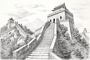 素描长城传统中式艺术插画
