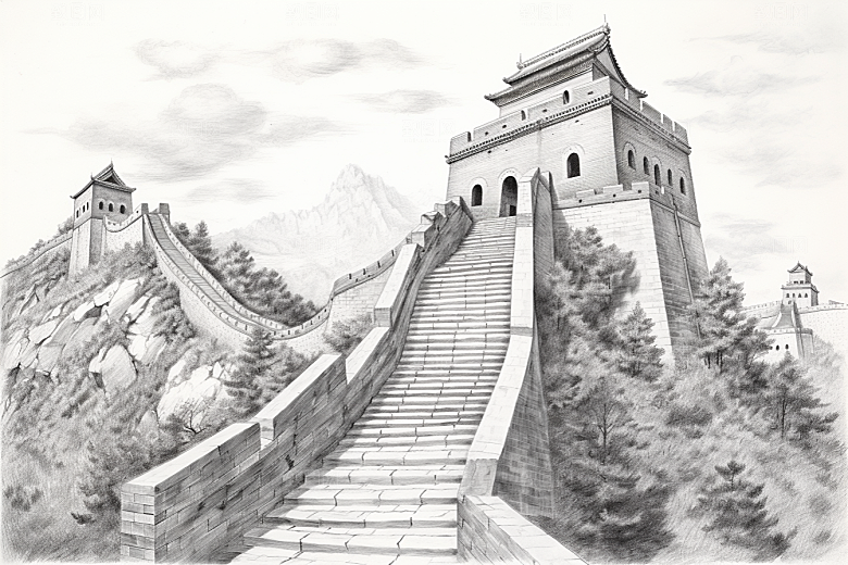 素描长城传统中式艺术插画