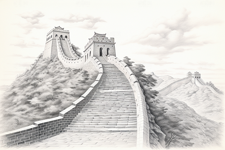 素描长城线条八达岭艺术插画