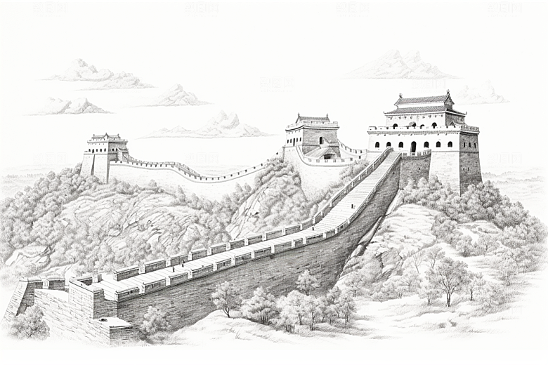 素描长城景点线条艺术插画