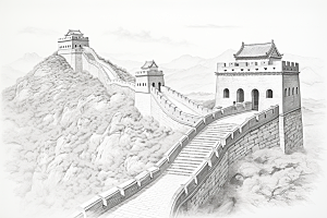 素描长城传统中国风艺术插画