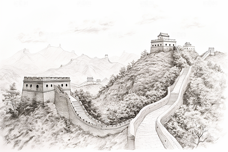 素描长城传统钢笔画艺术插画