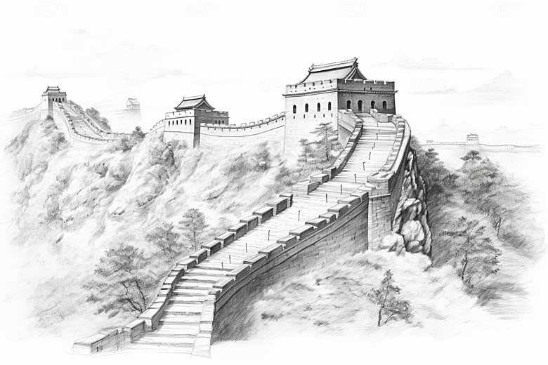 素描长城高清风景艺术插画