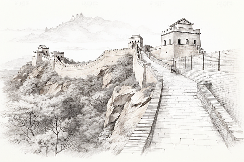 素描长城八达岭中式艺术插画