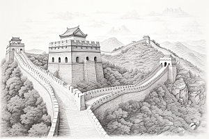素描长城黑白中国风艺术插画