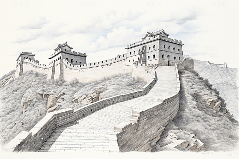 素描长城高清传统艺术插画
